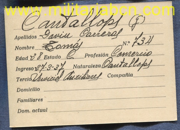 Ficha de Alistamiento al Requeté. Cantallops. Época Guerra Civil. 1937