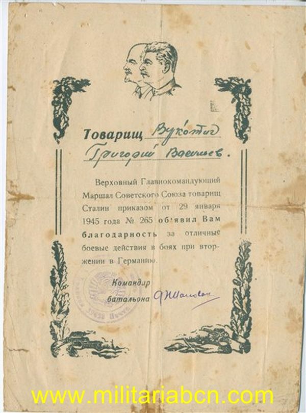 Documento de acreditación de Servicio en el Ejército Rojo durante la Segunda Guerra Mundial. 1945. DIN A5.