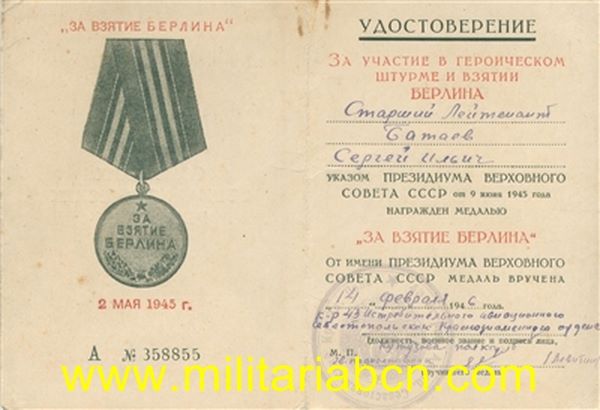 Conjunto de 5 Concesiones de Medallas:  – Medalla de la Conquista de Berlín. 1945.  – Orden de la Guerra Patriótica 2ª Clase. 1985. – Medalla del 20 Aniversario de la Victoria sobre Alemania 1945-1965.  – Medalla del 30 Aniversario de la Victoria sobre Al