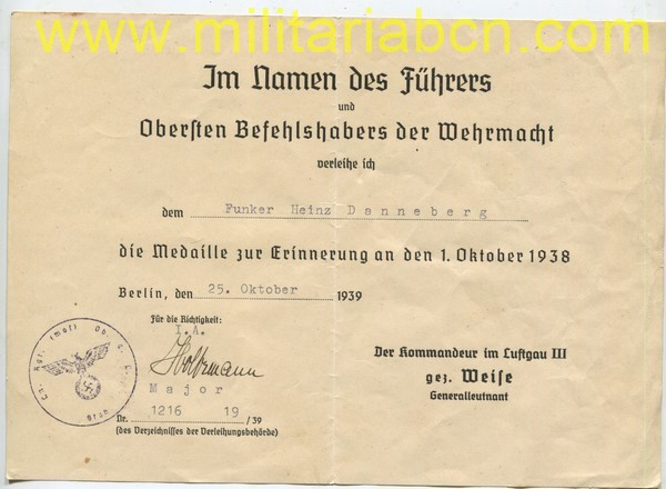 Concesión de la Medalla de la Anexión de los Sudetes. 1º Octubre 1938.