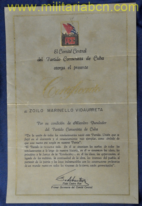 Cuba. Certificado de Miembro Fundador del Partido Comunista de Cuba.  Zoilo Marinello Vidaurreta.  Firmada por Fidel Castro Ruz, firma impresa.
