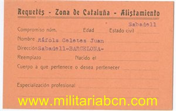 Carnet de Alistamiento al Requeté en Cataluña. Epoca Guerra Civil. Sabadell.