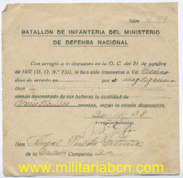 Guerra Civil. Ejército Nacional. Nota de arresto a un soldado del Batallón de Infantería del Ministerio de Defensa Nacional. 1938.