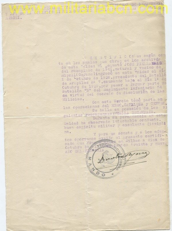 Certificado de un Requeté de haber pertenecido al Tercio de Montejurra y de haber participado en las operaciones de Ebro, Cataluña y Centro.  En posesión de la Medalla de la Campaña  1939.   Guerra Civil.