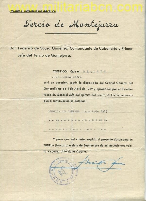 Certificado de un Requeté de haber pertenecido al Tercio de Montejurra.  En posesión de la Medalla de la Campaña  1939.   Guerra Civil.