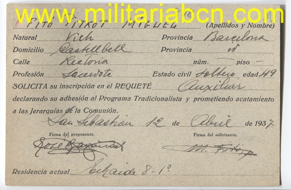 Ficha de Alistamiento al Requeté. Castellbell. Con fotografía. Epoca Guerra Civil. 1937
