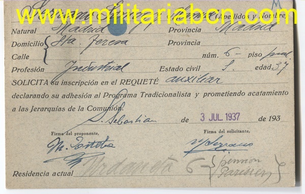 Ficha de Alistamiento al Requeté. Madrid. Con fotografía. Epoca Guerra Civil. 1937