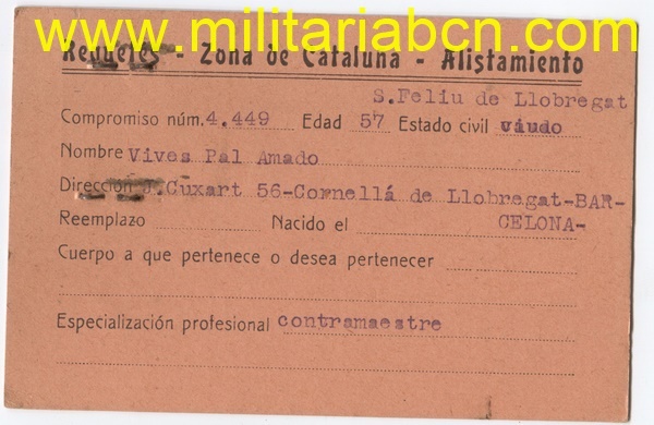 Ficha de Alistamiento al Requeté de Catalunya.  Con fotografía.  Cornellà de Llobregat.  Epoca Guerra Civil.