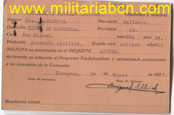 Ficha de Alistamiento al Requeté.   Miguel Estelrich Perelló.  Mallorca.   Con fotografía.   Epoca Guerra Civil.   1937.
