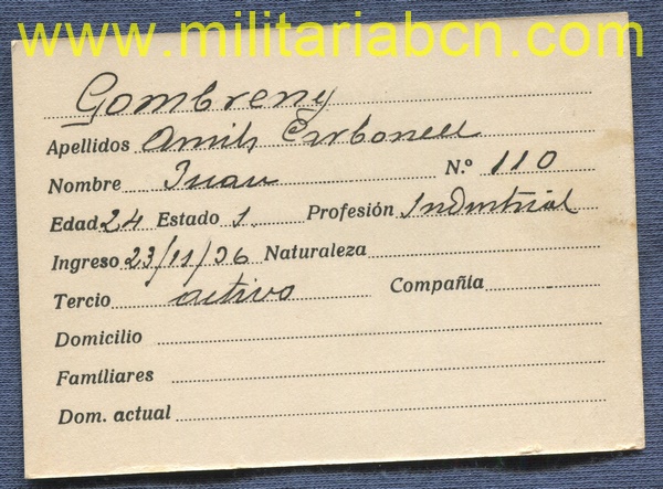 Ficha de Alistamiento al Requeté. Gombreny. Epoca Guerra Civil. 1936.