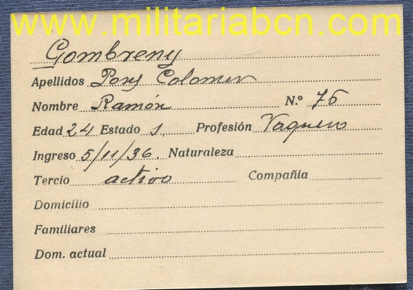 Ficha de Alistamiento al Requeté. Gombreny. Época Guerra Civil. 1936