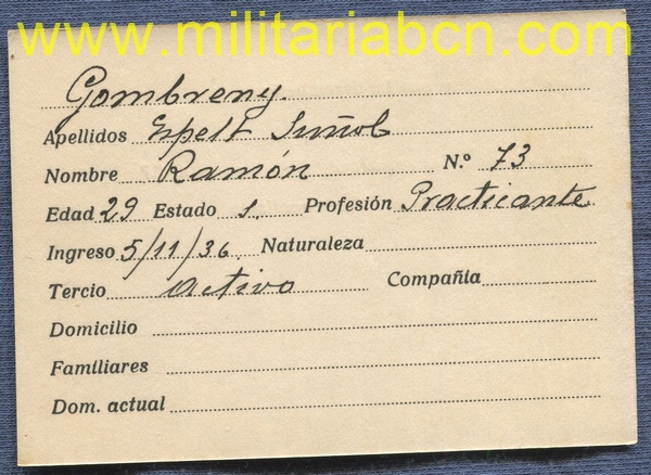 Ficha de Alistamiento al Requeté. Gombreny. Época Guerra Civil. 1936