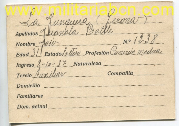 Ficha de Alistamiento Requeté. La Junquera. Época Guerra Civil. 1937