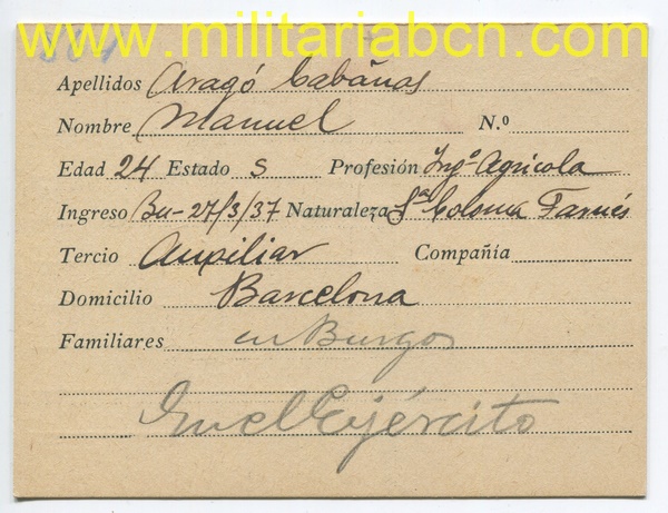 Ficha de Alistamiento al Requeté. Santa Coloma de Farnés. Época Guerra Civil. 1937
