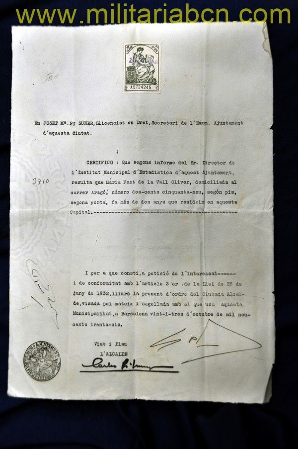Certificado de residencia.  Barcelona.  Guerra Civil.  1936.