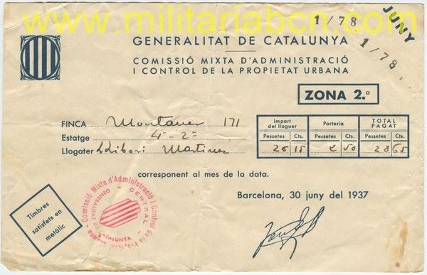 Recibo de Alquiler. Generalitat de Catalunya. Guerra Civil. Comissió Mixta d’Administració i control de la Propietat Urbana 1937.
