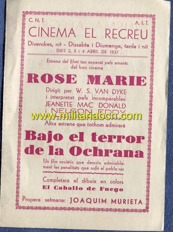 Programa de mano. Cinema La Rambla.  Cinema Alegría.  Cinema El Recreu.  Cinema Doré. CNT AIT. 2, 3, 4 Abril 1937.  Guerra Civil.  Rose Marie.  Bajo el terror de la Ochrana.  La llave de cristal.  Mares turbulentos.  Una chica de provincias.  Cuando una m