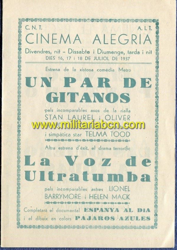 Programa de mano.  Cinema La Rambla.  Cinema Alegría.  Cinema El Recreu.  Cinema Doré.  CNT AIT.  16, 17, 18 Julio 1937.  Guerra Civil.  Un par de gitanos.  La voz de ultratumba.  El velo pintado.  Las quiero todas.  Es mi hombre.  La pelirroja.  El héroe