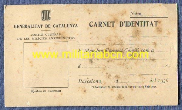 Carnet de Identidad Milicies Antifeixistes, Generalitat de Catalunya.  Guerra Civil.  1936.