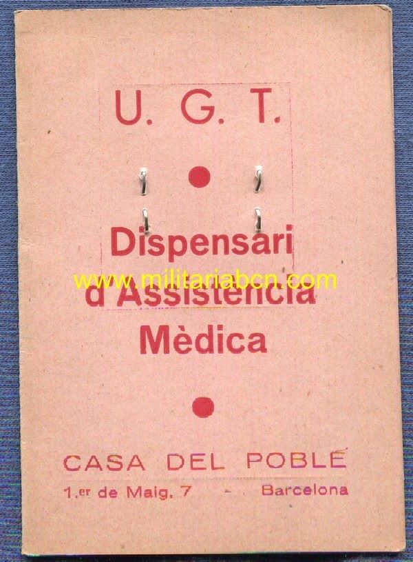 Carnet Dispensari d’Assistència Mèdica de la Casa del Poble.  UGT.  1936.  Guerra Civil.  Con fotografía.