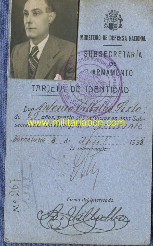 Tarjeta de Identidad.  Subsecretaría de Armamento.  Ministerio de Defensa Nacional.  1938.  Con fotografía.  Guerra Civil Española.