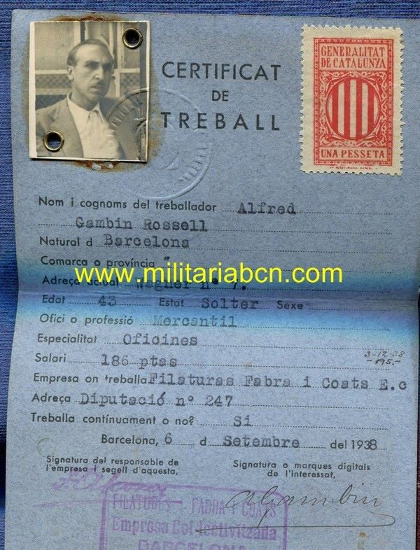 Certificat de Treball.  Generalitat de Catalunya.  Departament de Treball i Obres Públiques.  1938.  Con fotografía.  Guerra Civil Española.