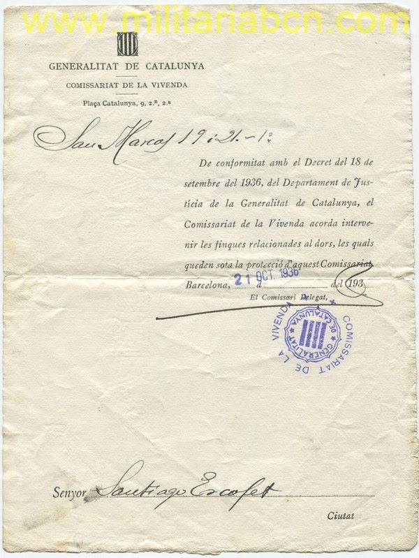 Orden de Intervención de unas Viviendas durante la Guerra Civil.  Barcelona.  1936.