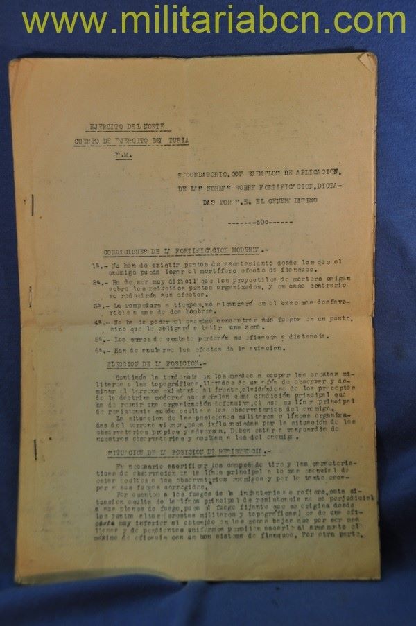 Normas sobre Fortificación.   Ejército del Norte. Cuerpo del Ejército del Turia.   Guerra Civil.   Recordatorio con ejemplos de Aplicación.  10 páginas.