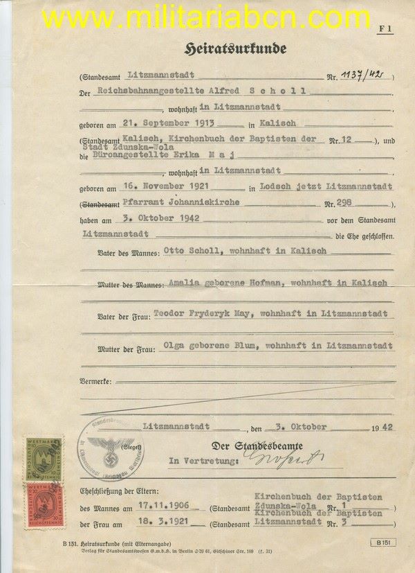 Alemania III Reich. Cetificado de Matrimonio. 1942.
