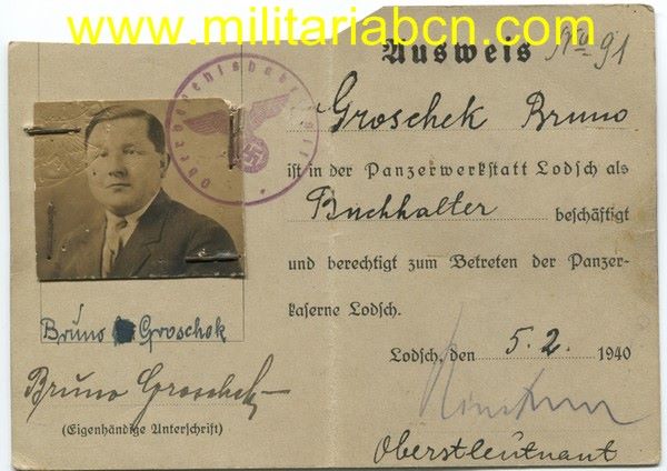 Ausweis, Tarjeta de Identidad para entrar en el Panzerwerkstatt Lodsch.  1940.