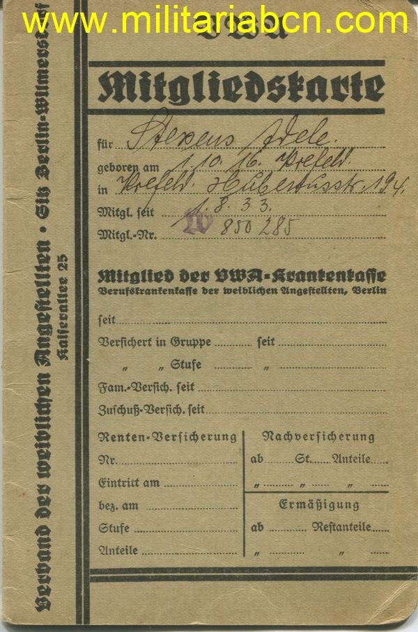 Mitgliedeskarte VWA Krankenkasse.   Seguro de salud.  DAF Deutsche Arbeit Front con sellos de cotización.