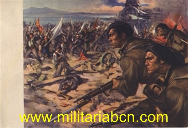 Postal italiana de propaganda militar de la colección publicada en conmemoración de la OMS (Contingente italiano en la Guerra Civil Española). Editada por el Ufficio Storico della Milizia. Sin escribir.