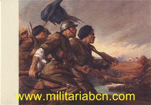 Postal italiana de propaganda militar de la colección publicada en conmemoración de la OMS (Contingente italiano en la Guerra Civil Española). Editada por el Ufficio Storico della Milizia. Sin escribir.
