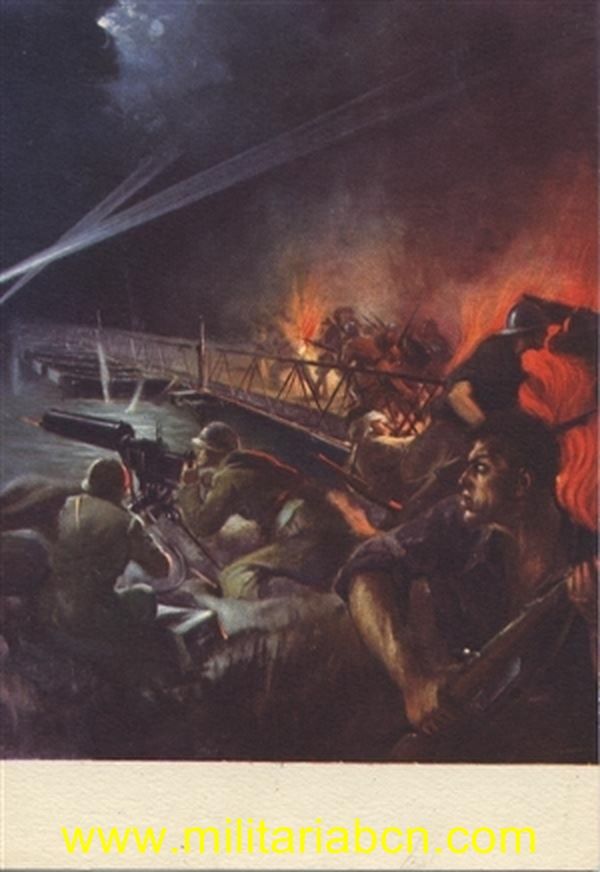 Postal italiana de propaganda militar e la colección publicada en conmemoración de la OMS (Contingente italiano en la Guerra Civil Española). Editada por el Ufficio Storico della Milizia.