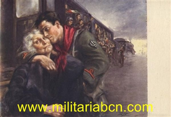 Postal italiana de propaganda militar de la colección publicada en conmemoración de la OMS (Contingente italiano en la Guerra Civil Española). Editada por el Ufficio Storico della Milizia. Sin escribir.