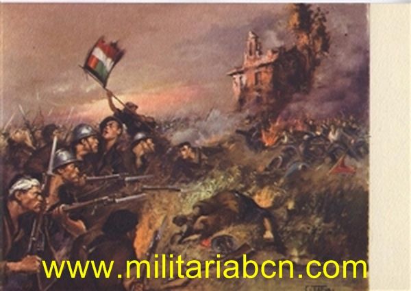 Postal italiana de propaganda militar e la colección publicada en conmemoración de la OMS (Contingente italiano en la Guerra Civil Española). Editada por el Ufficio Storico della Milizia.