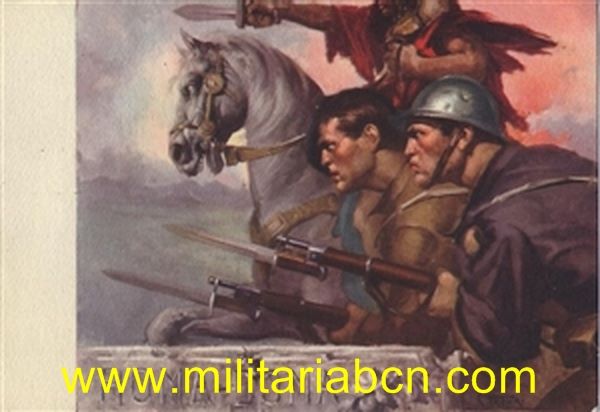 Postal italiana de propaganda militar de la colección publicada en conmemoración de la OMS (Contingente italiano en la Guerra Civil Española). Editada por el Ufficio Storico della Milizia. Sin escribir.