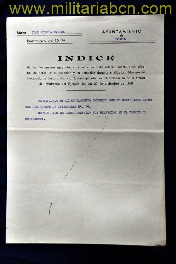 Certificado de haber prestado servicio en el Tercio de Montejurra durante la Guerra Civil.